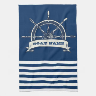 Nautical Boat Wheel, Navy Blue Stripes Tea Towel