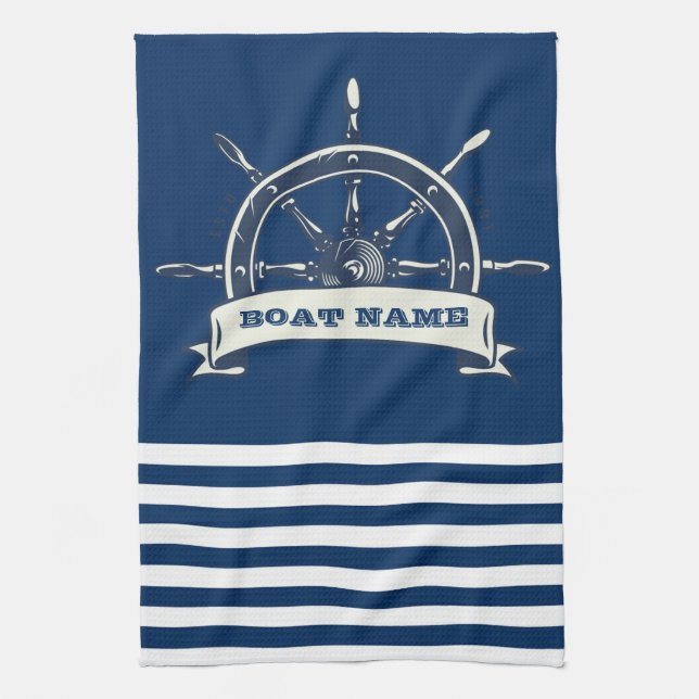 Nautical Boat Wheel, Navy Blue Stripes Tea Towel (Vertical)