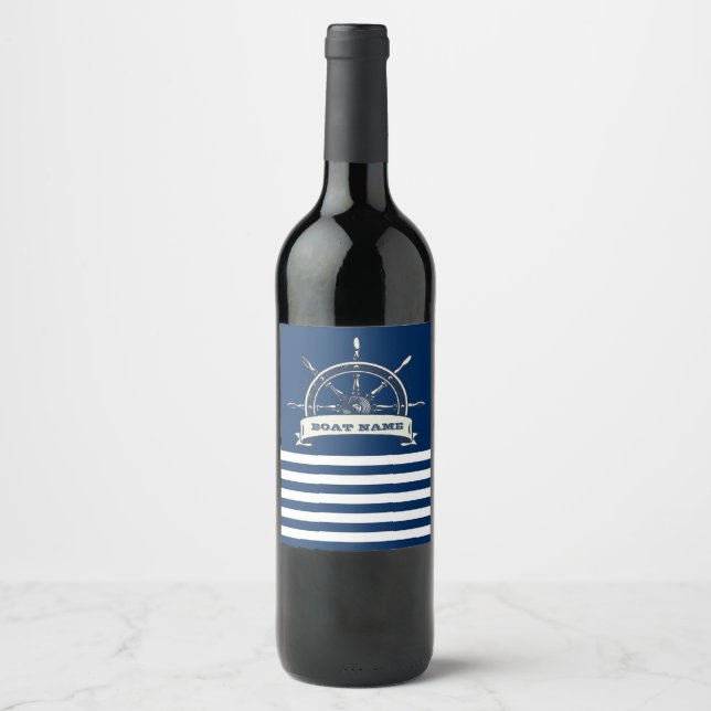 Nautical Boat Wheel, Navy Blue Stripes Wine Label (Front)