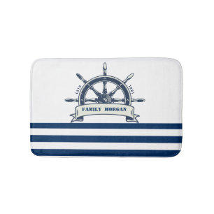 Nautical Boat Wheel, Navy Blue White Stripes Bath Mat