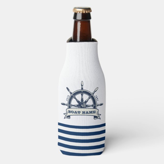 Nautical Boat Wheel, Navy Blue White Stripes Bottle Cooler (Bottle Front)