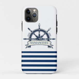 Nautical, Boat Wheel, Navy Blue White Stripes iPhone 11 Pro Case