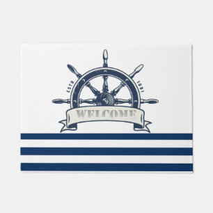 Nautical Boat Wheel,Navy Blue White Stripes Doormat