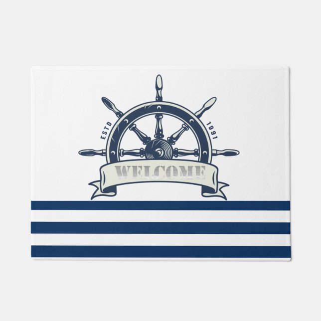 Nautical Boat Wheel,Navy Blue White Stripes Doormat (Front)