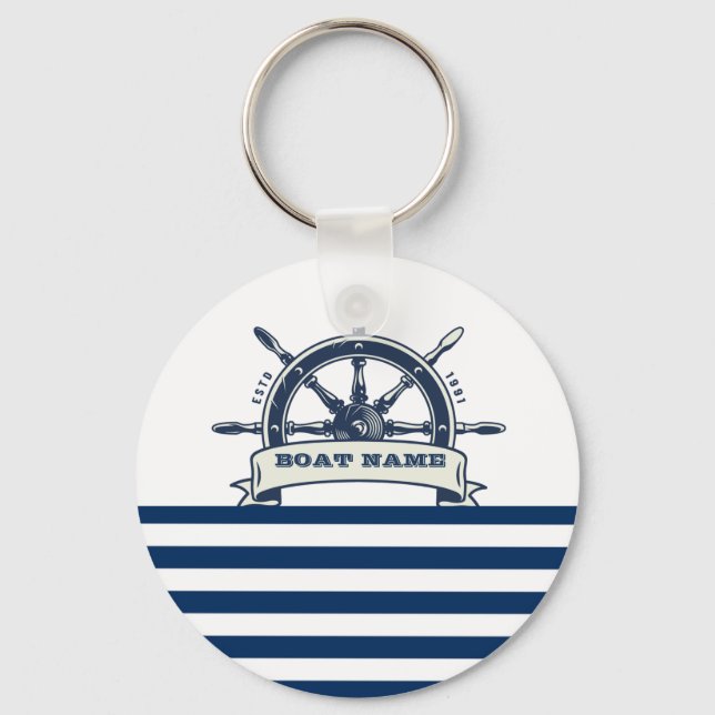 Nautical Boat Wheel, Navy Blue White Stripes  Key Ring (Front)