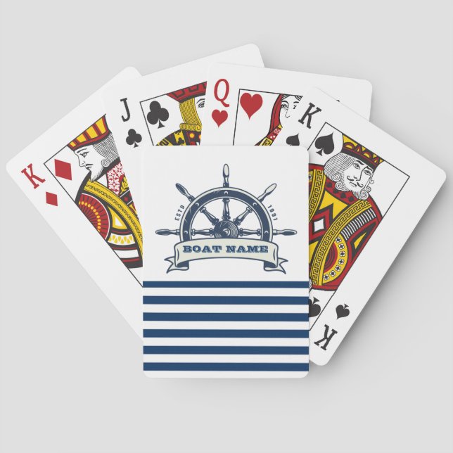 Nautical Boat Wheel, Navy Blue White Stripes Playing Cards (Back)