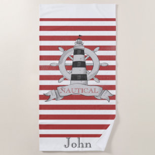 Nautical,Boat Wheel,Red and White Stripes Beach Towel