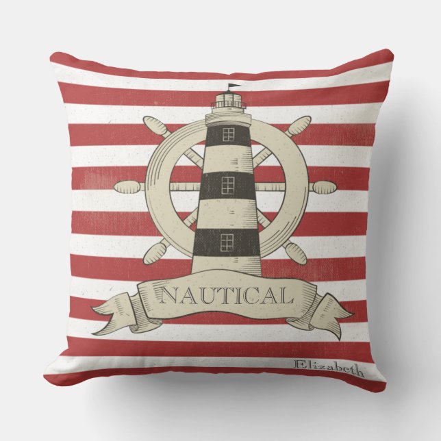 Nautical,Boat Wheel,Red and White Stripes Cushion (Front)