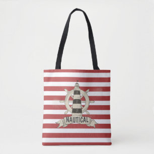 Nautical,Boat Wheel,Red and White Stripes Tote Bag