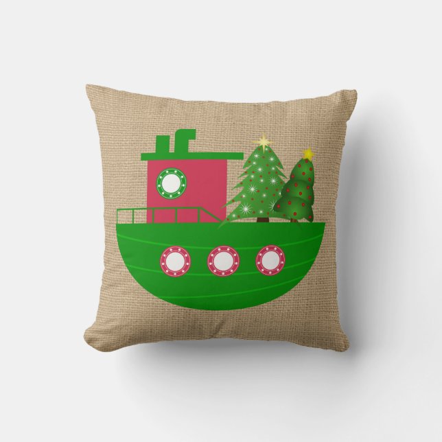 Nautical Boat with Christmas Trees Burlap Cushion (Front)
