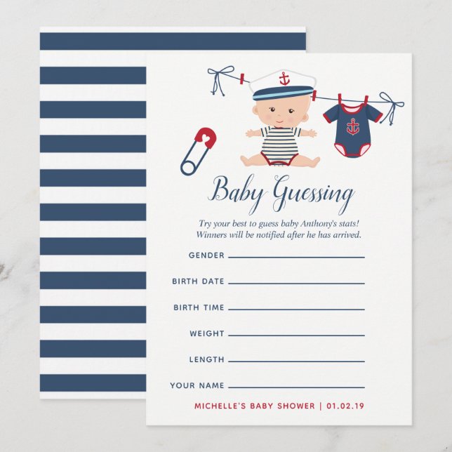 Nautical Boy Baby Shower Baby Predictions Game Invitation (Front/Back)