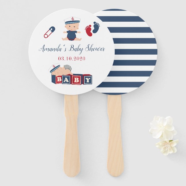 Nautical Boy Baby Shower Favour Hand Fan (Front and Back)