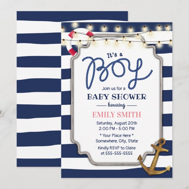 Nautical Boy Baby Shower Gold Anchor Navy Stripes Invitation (Front/Back)