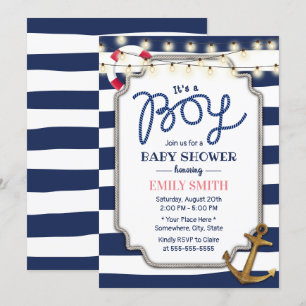 Nautical Boy Baby Shower Gold Anchor Navy Stripes Invitation