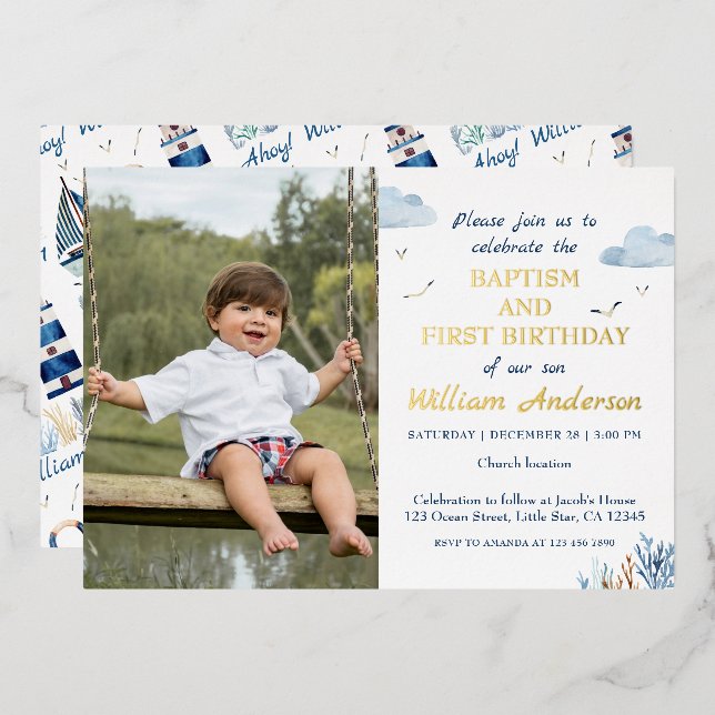 Nautical Boy Baptism and 1st Birthday Photo (Front/Back)