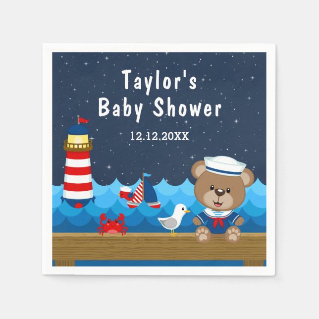 Nautical Boy Bear Red and Navy Baby Shower Napkin (Front)