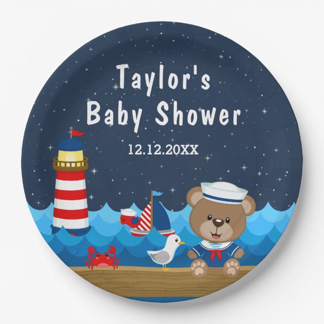 Nautical Boy Bear Red and Navy Baby Shower Paper Plate (Front)
