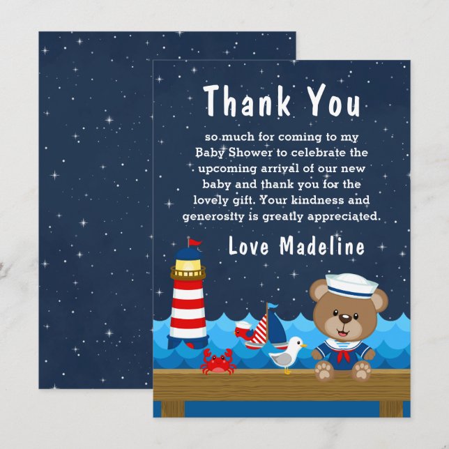 Nautical Boy Bear Red and Navy Baby Shower Thank You Card (Front/Back)