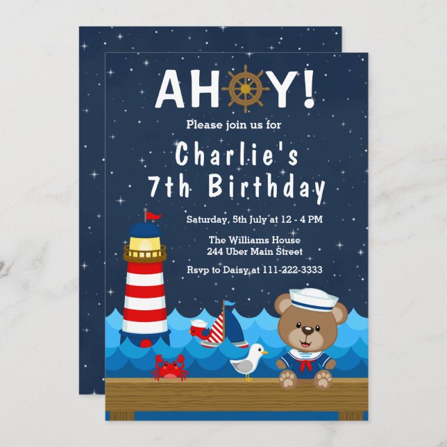 Nautical Boy Bear Red and Navy Birthday Party Invitation (Front/Back)