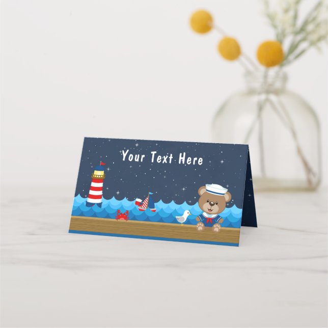 Nautical Boy Bear Red and Navy Birthday Party Place Card (Front)