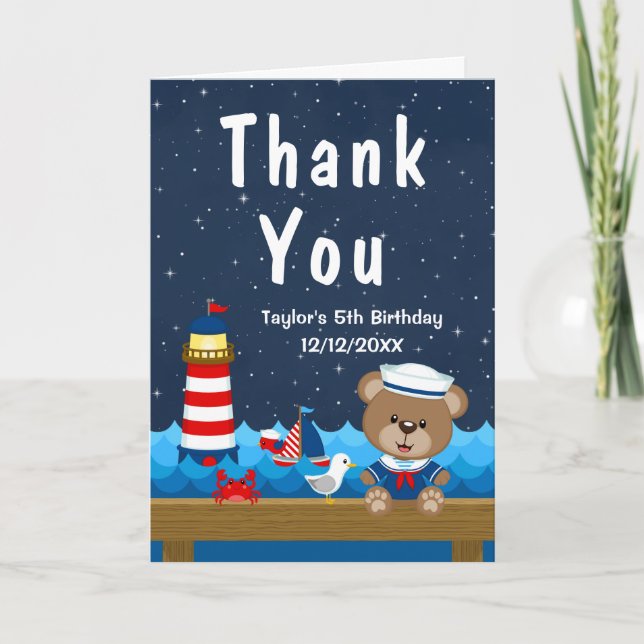 Nautical Boy Bear Red and Navy Birthday Party Thank You Card (Front)