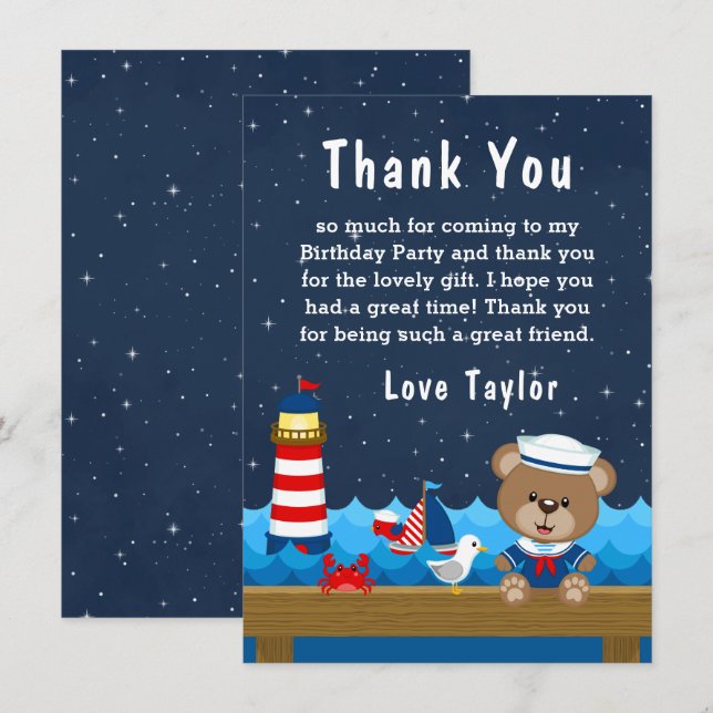 Nautical Boy Bear Red and Navy Birthday Party Thank You Card (Front/Back)