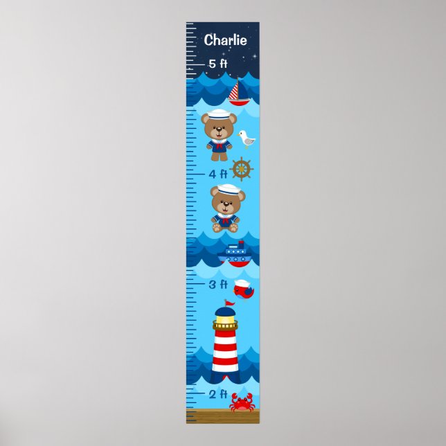 Nautical Boy Bear Red and Navy Growth Chart (Front)