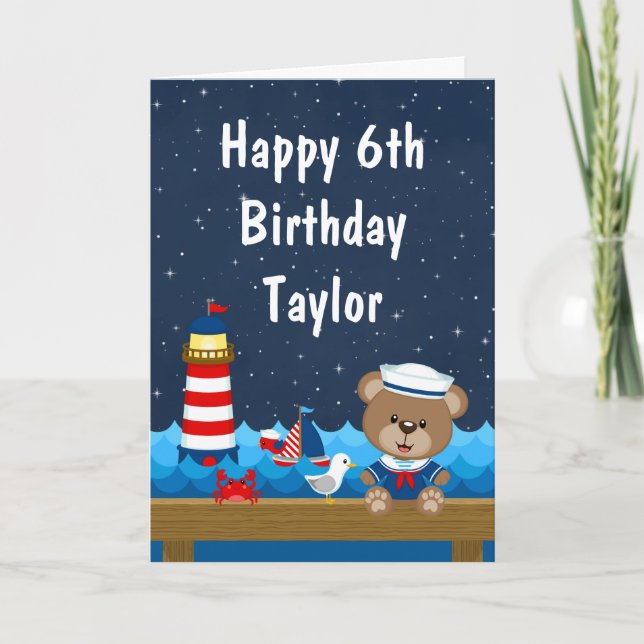 Nautical Boy Bear Red and Navy Happy Birthday Card (Front)