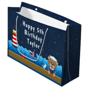 Nautical Boy Bear Red and Navy Happy Birthday Large Gift Bag