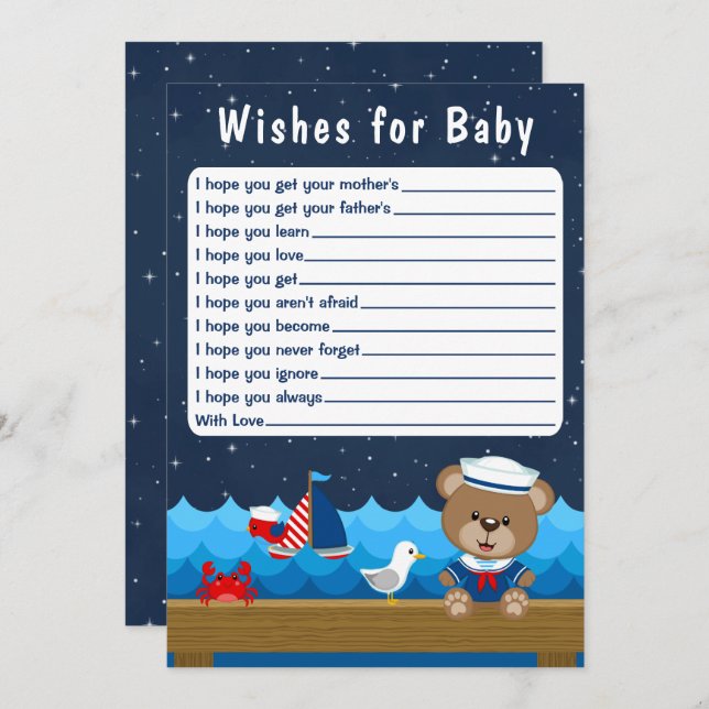 Nautical Boy Bear Red and Navy Wishes For Baby Invitation (Front/Back)