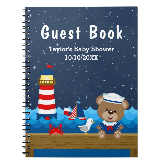 Nautical Boy Bear Red Baby Shower Guest Book (Front)