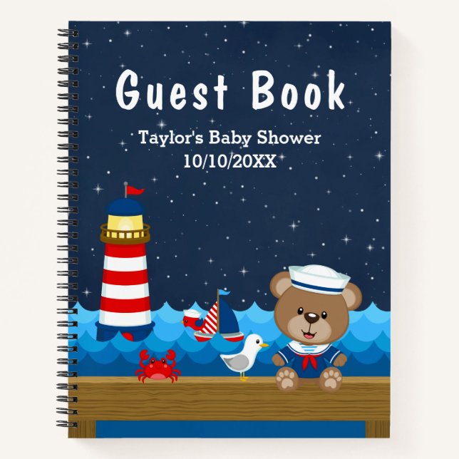 Nautical Boy Bear Red Baby Shower Guest Book (Front)