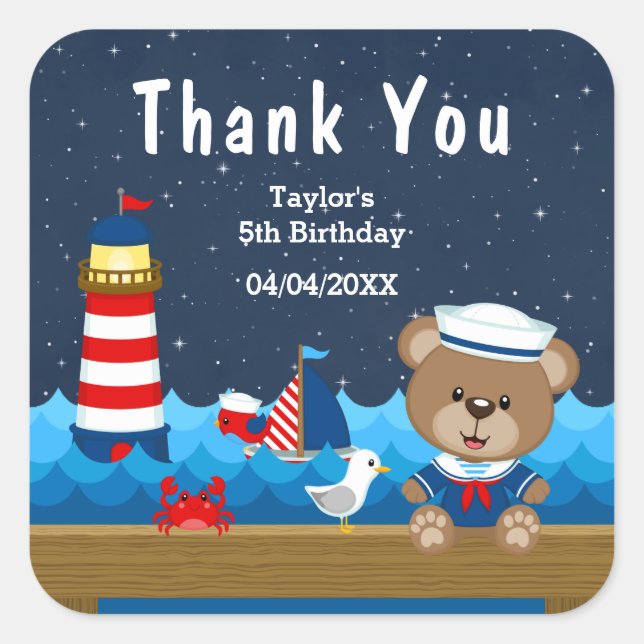 Nautical Boy Bear Red Birthday Party Thank You Square Sticker (Front)