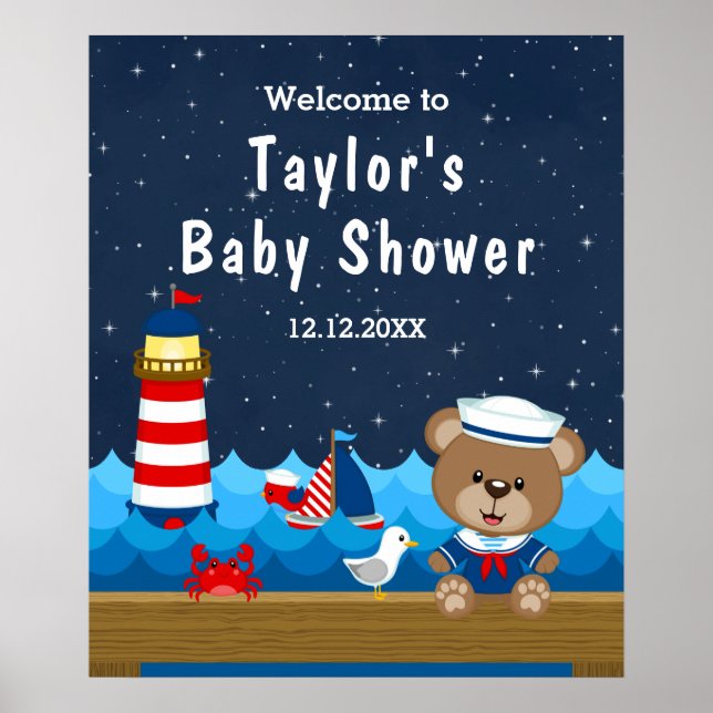 Nautical Boy Bear Red Navy Baby Shower Welcome Poster (Front)