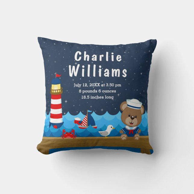Nautical Boy Bear Red Navy Birth Statistics Cushion (Front)
