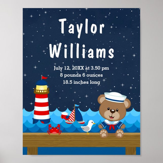 Nautical Boy Bear Red Navy Birth Statistics Poster (Front)