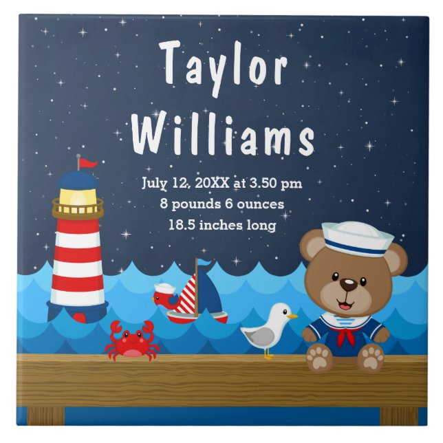 Nautical Boy Bear Red Navy Birth Statistics Tile (Front)