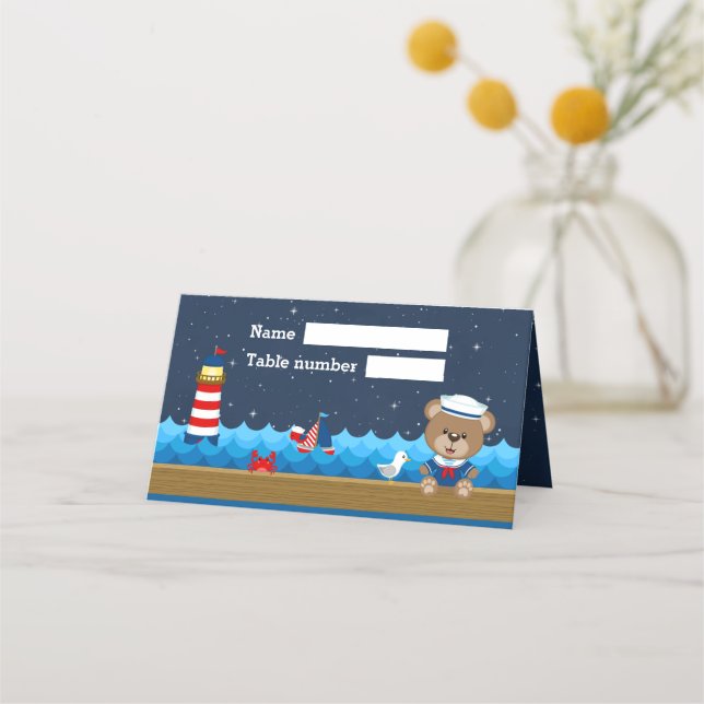 Nautical Boy Bear Red Navy Birthday Seating Place Card (Front)