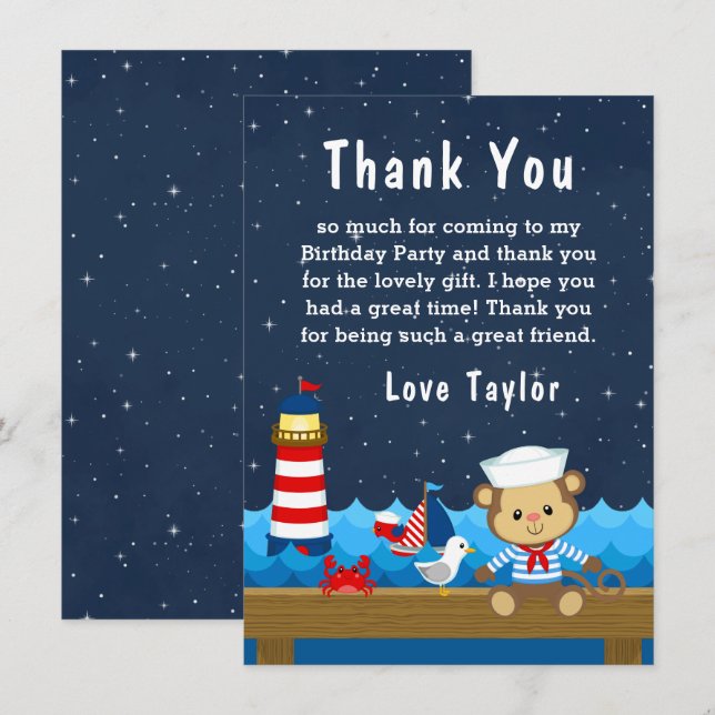 Nautical Boy Monkey Red and Navy Birthday Party Thank You Card (Front/Back)