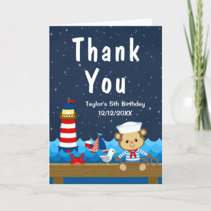 Nautical Boy Monkey Red and Navy Birthday Party Thank You Card