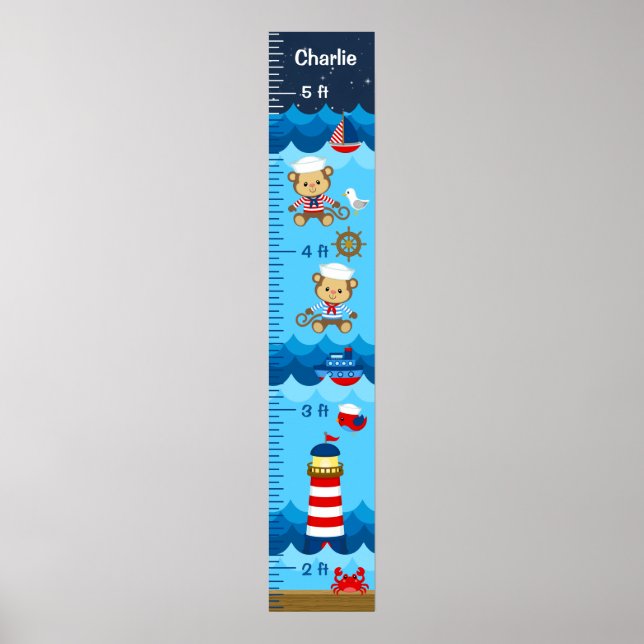 Nautical Boy Monkey Red and Navy Growth Chart (Front)