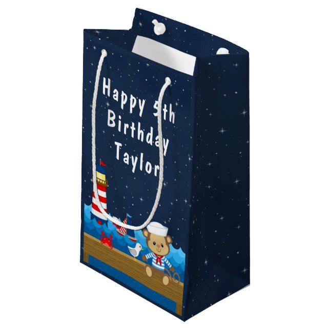 Nautical Boy Monkey Red and Navy Happy Birthday Small Gift Bag (Front Angled)