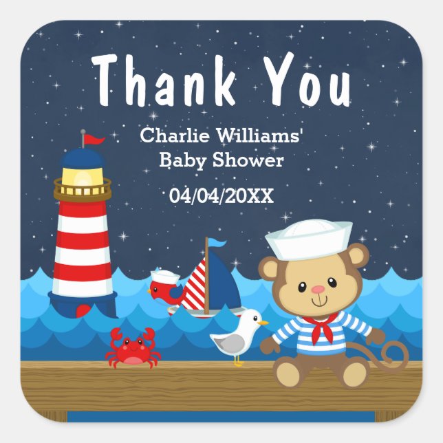 Nautical Boy Monkey Red Baby Shower Thank You Square Sticker (Front)