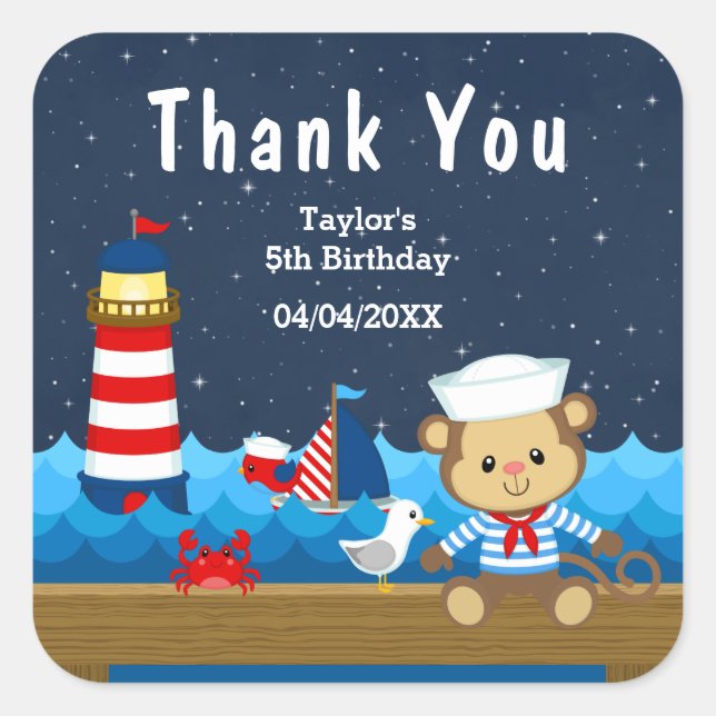 Nautical Boy Monkey Red Birthday Party Thank You Square Sticker (Front)