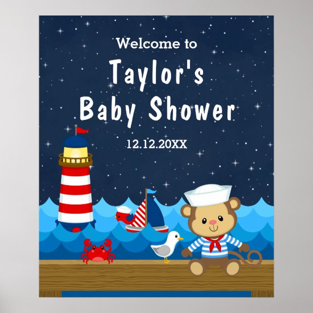 Nautical Boy Monkey Red Navy Baby Shower Welcome Poster (Front)