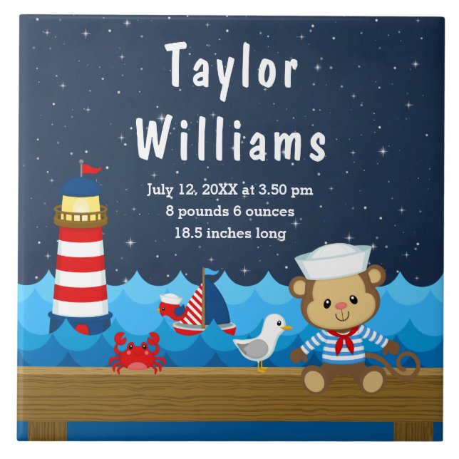 Nautical Boy Monkey Red Navy Birth Statistics Tile (Front)