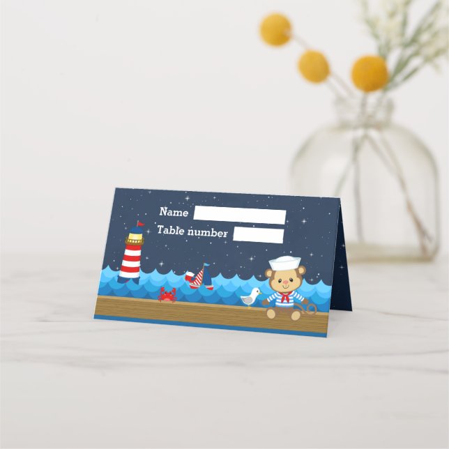 Nautical Boy Monkey Red Navy Birthday Seating Place Card (Front)