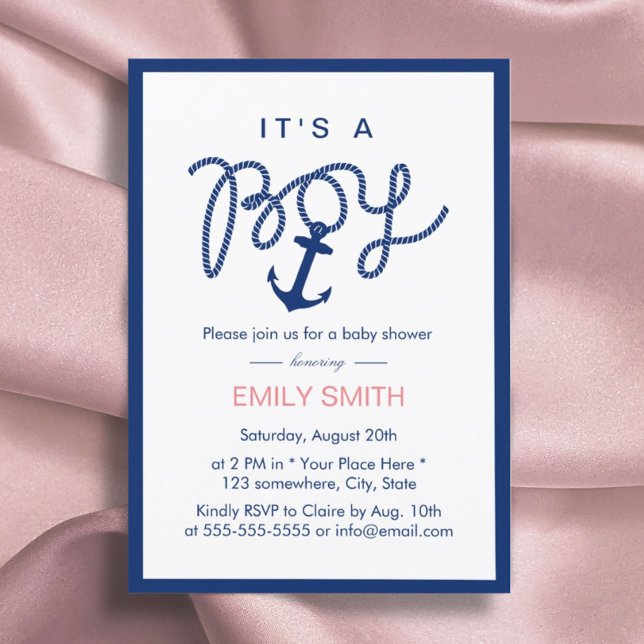 Nautical Boy Navy Blue Anchor Baby Shower Invitation (Creator Uploaded)