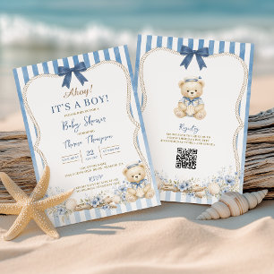 Nautical Boy Sailor Bear QR Baby Shower Invitation