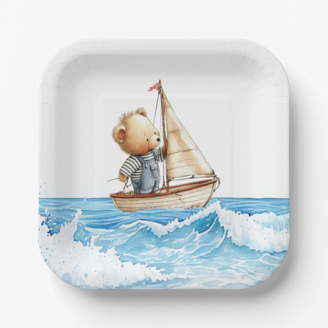 Nautical Boy Sailor Teddy Bears Baby Shower Paper Plate (Front)